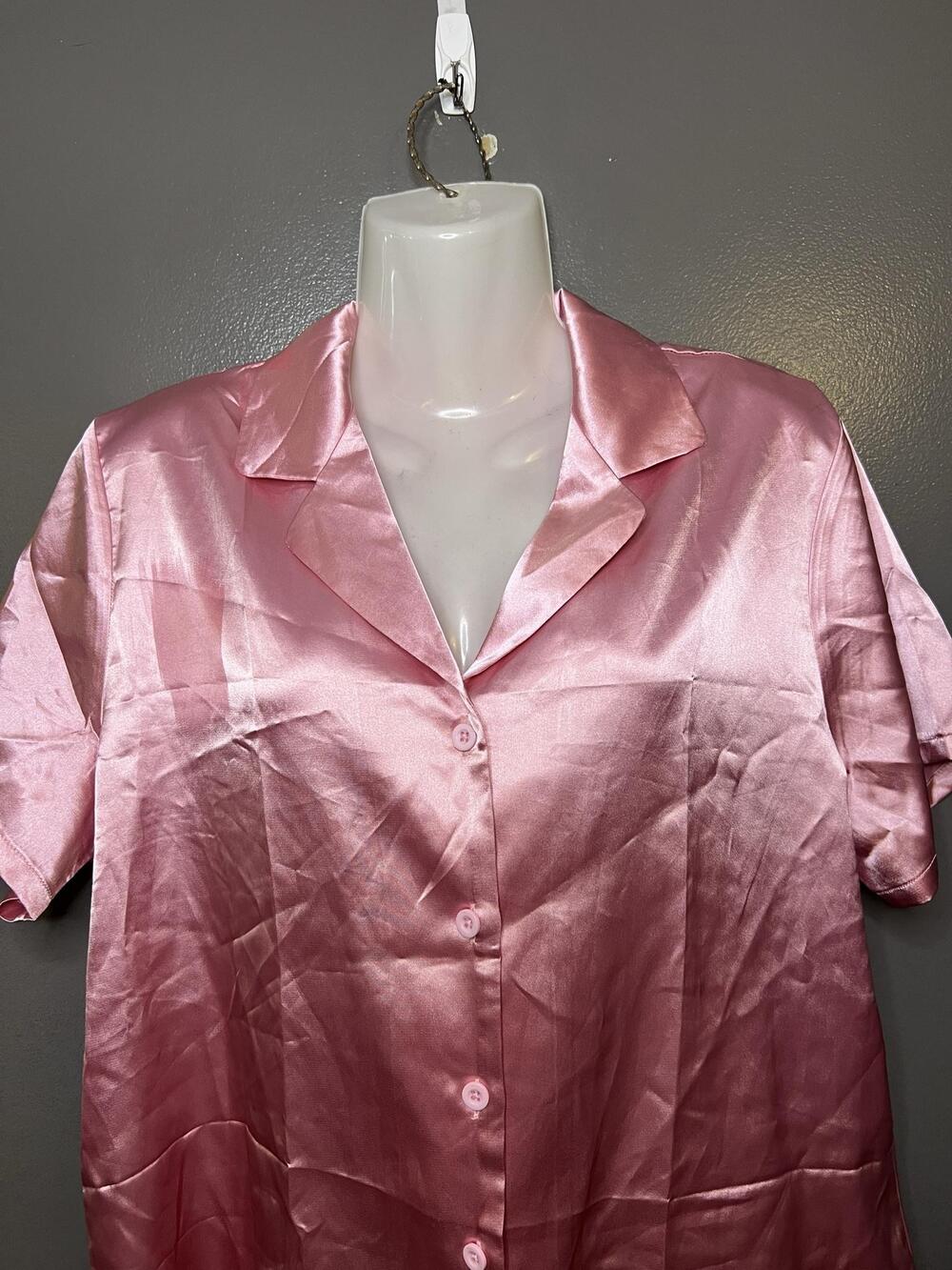 Ekouaer Pajama Top Womens Medium Pink Satin Button Front Short Sleeve Sleep